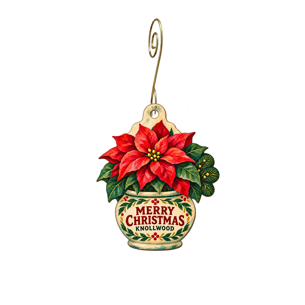 Knollwood Garden Center — Christmas custom wood ornament OC2690, photographic gold spiral hook