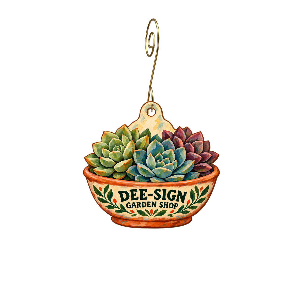 DeeSign Garden Shop — Store identity custom wood ornament OC2692, photographic gold spiral hook