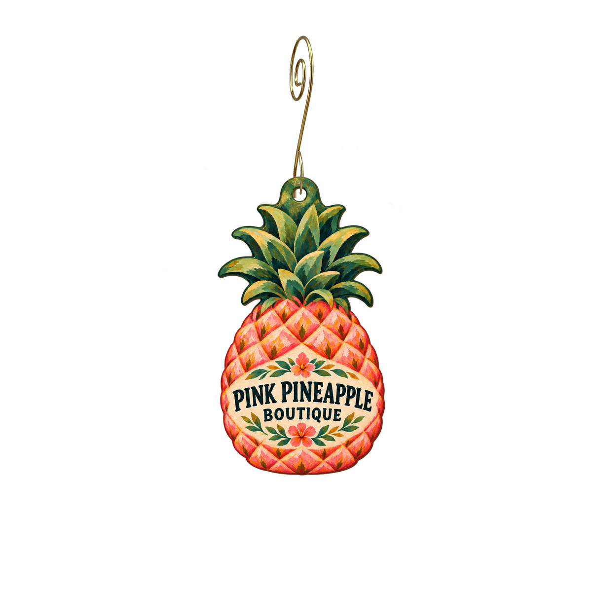 The Pink Pineapple Boutique - Pensacola — Store identity custom wood ornament OC2695, photographic gold spiral hook