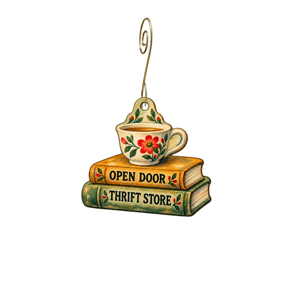 Open Door Thrift Store — Store identity custom wood ornament OC2698, photographic gold spiral hook