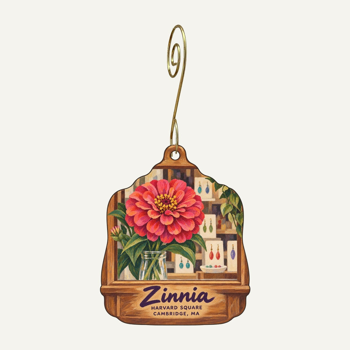 Zinnia Logo custom wood ornament OC269 hanging on hook