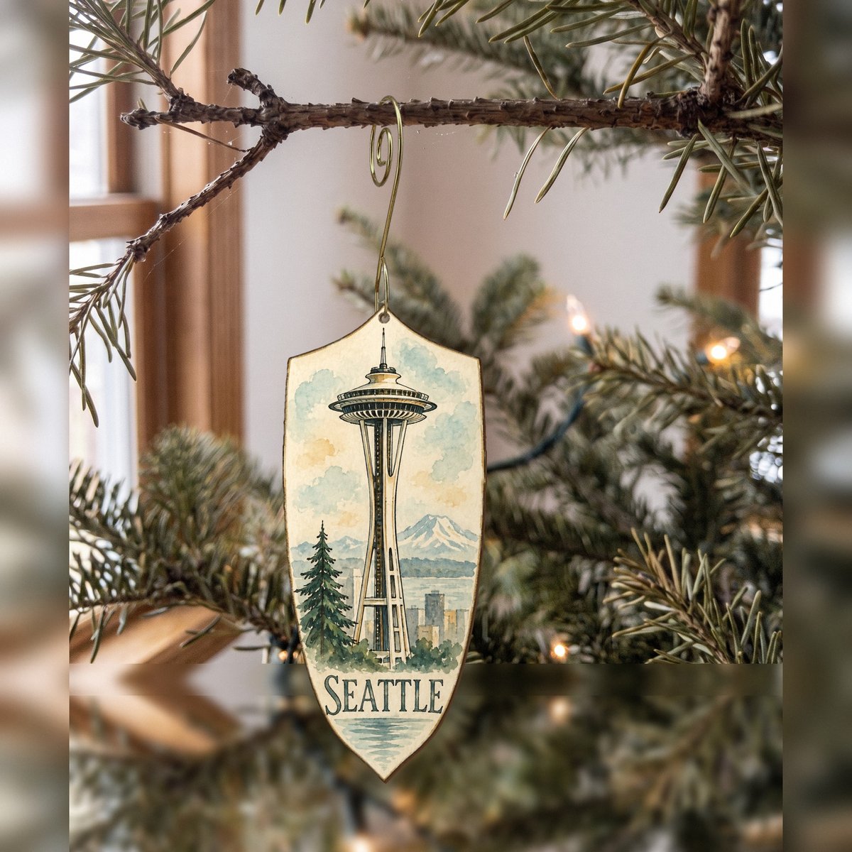 WA Seattle Pen and Watercolor Wash Custom Wood Ornament (OC26)