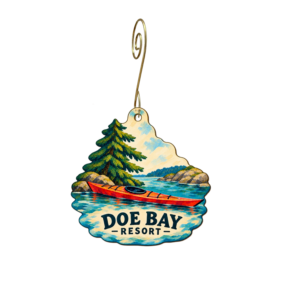 Doe Bay Resort & Retreat — Store identity custom wood ornament OC2701, photographic gold spiral hook