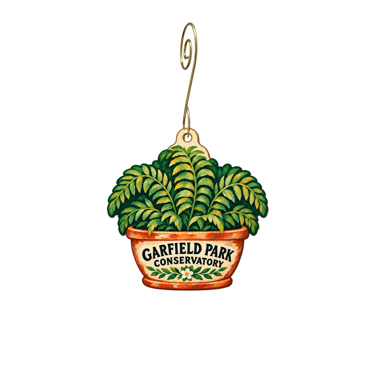 Garfield Park Conservatory — Store identity custom wood ornament OC2704, photographic gold spiral hook