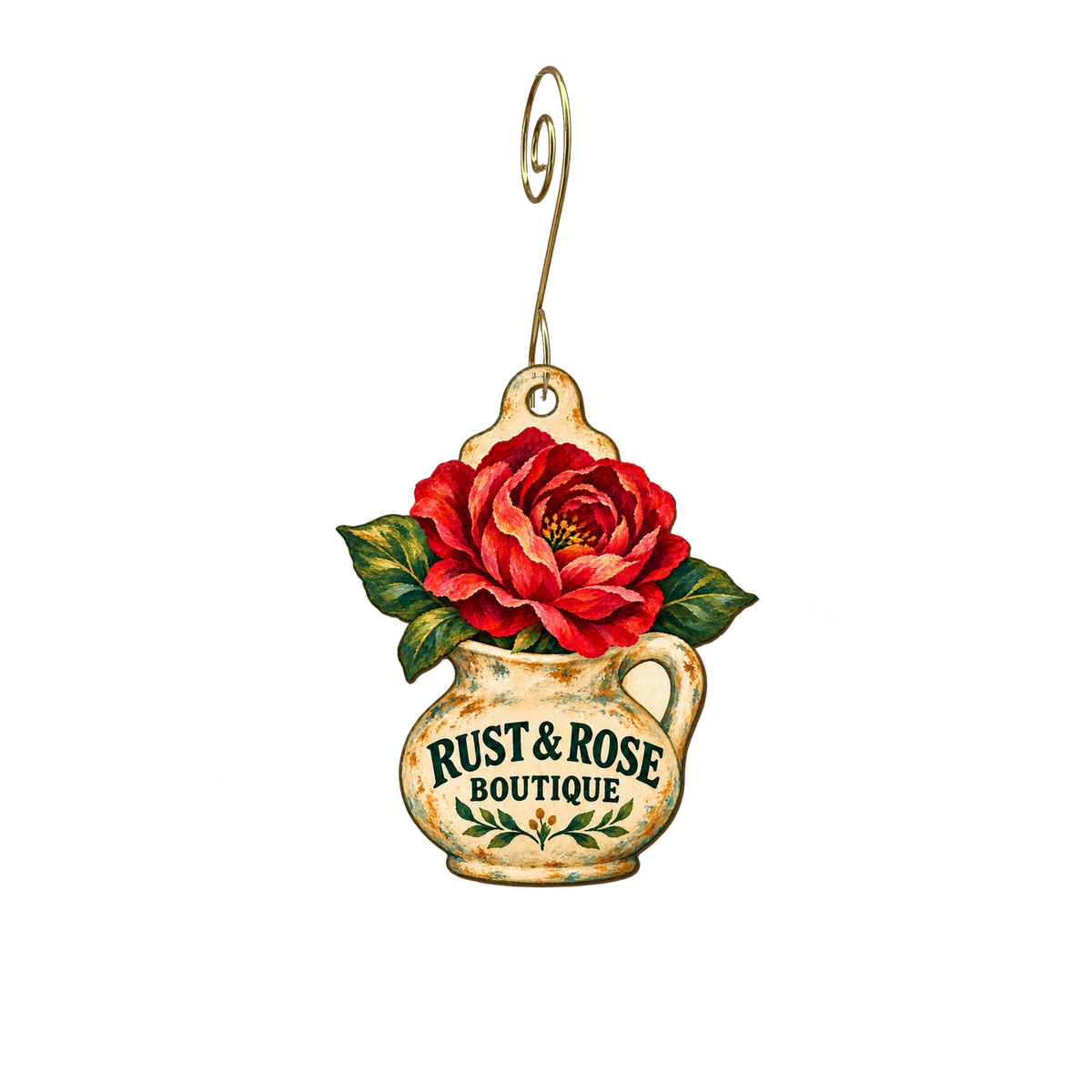 Rust and Rose Boutique — Store identity custom wood ornament OC2707, photographic gold spiral hook