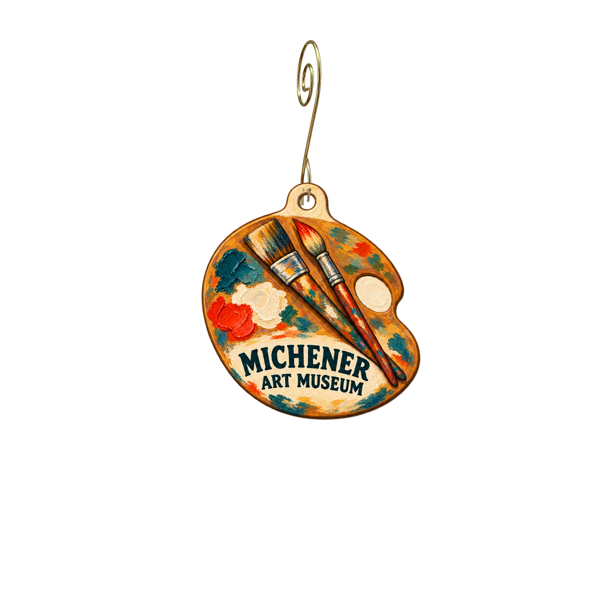 James Michener Art Museum — Store identity custom wood ornament OC2713, photographic gold spiral hook