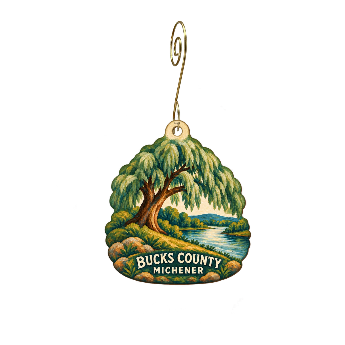 James Michener Art Museum — Local inspiration custom wood ornament OC2715, photographic gold spiral hook