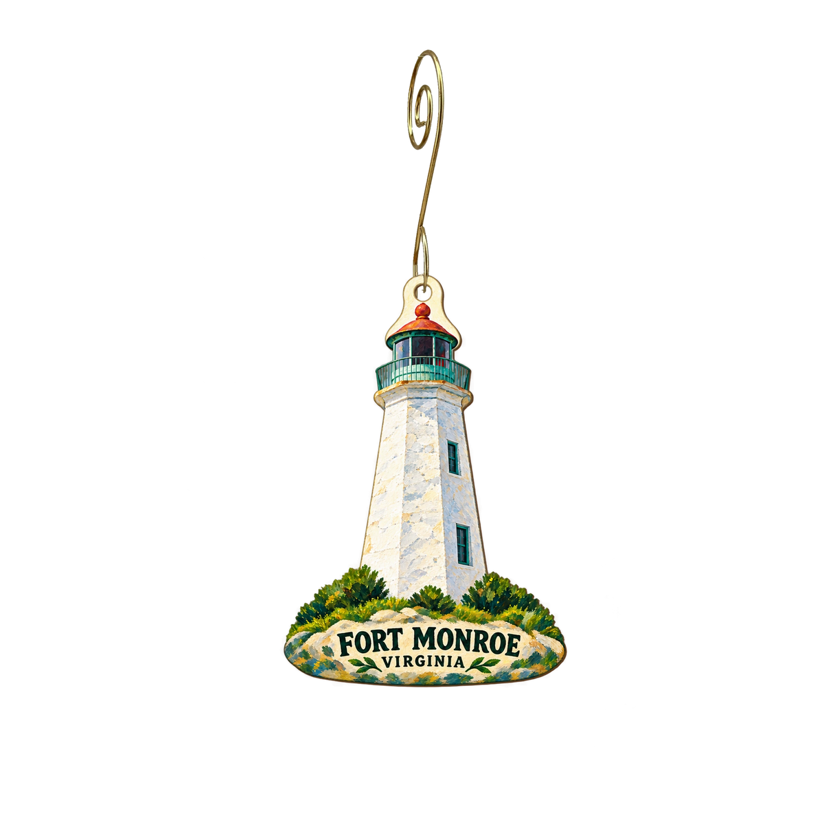 EN Fort Monroe — Store identity custom wood ornament OC2716, photographic gold spiral hook
