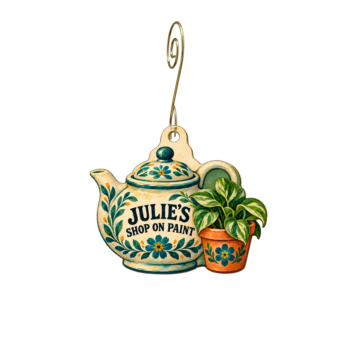 Julie's Shop On Paint — Store identity custom wood ornament OC2719, photographic gold spiral hook