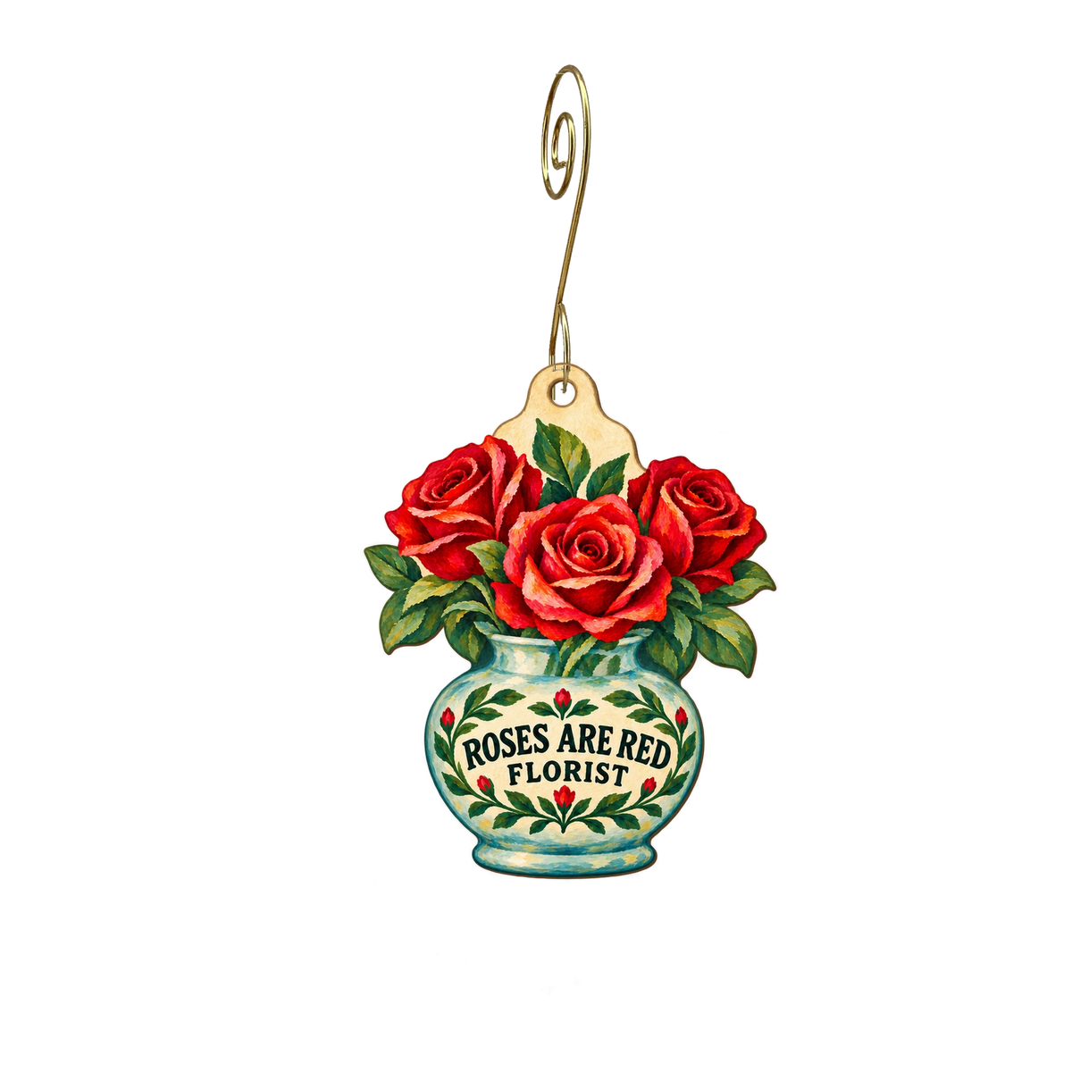 Roses Are Red Florist — Store identity custom wood ornament OC2722, photographic gold spiral hook