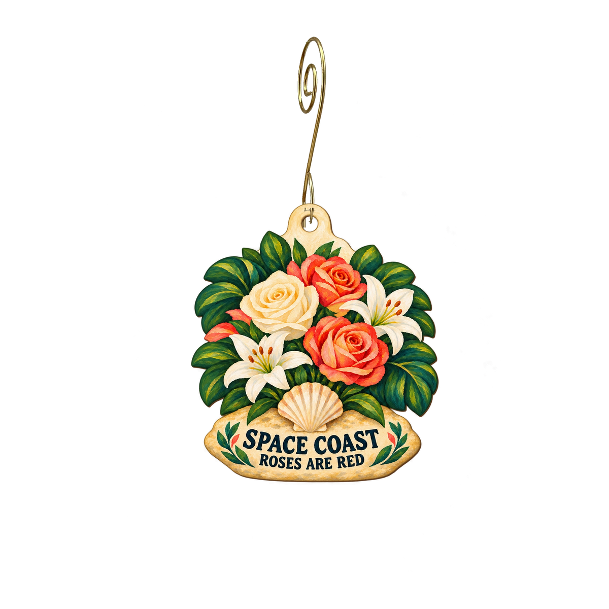 Roses Are Red Florist — Local inspiration custom wood ornament OC2724, photographic gold spiral hook