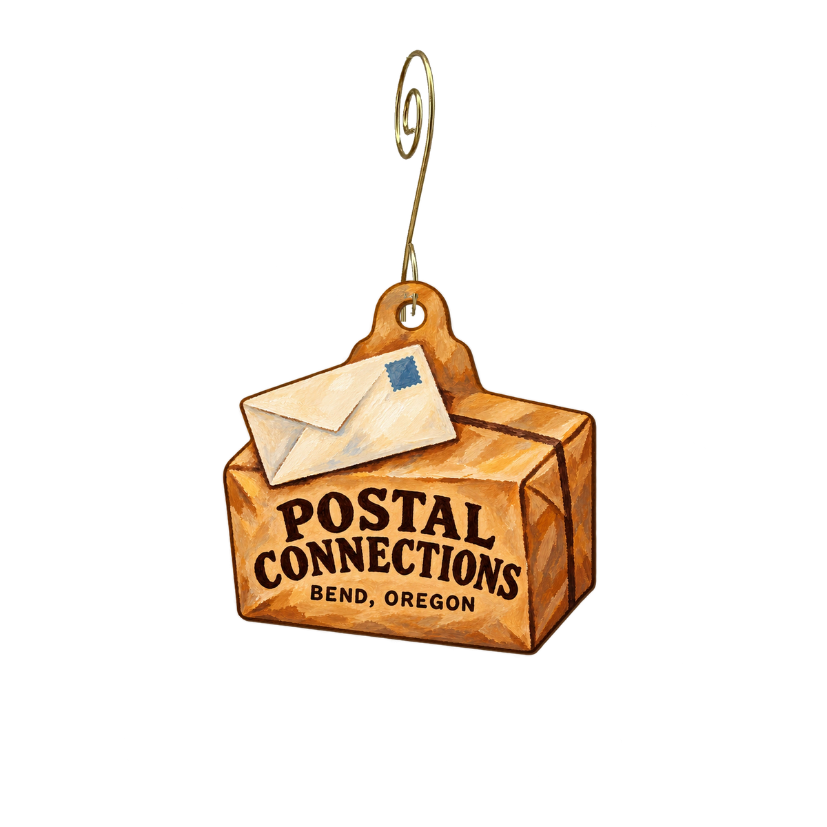Postal Connections — Store identity custom wood ornament OC2725, photographic gold spiral hook