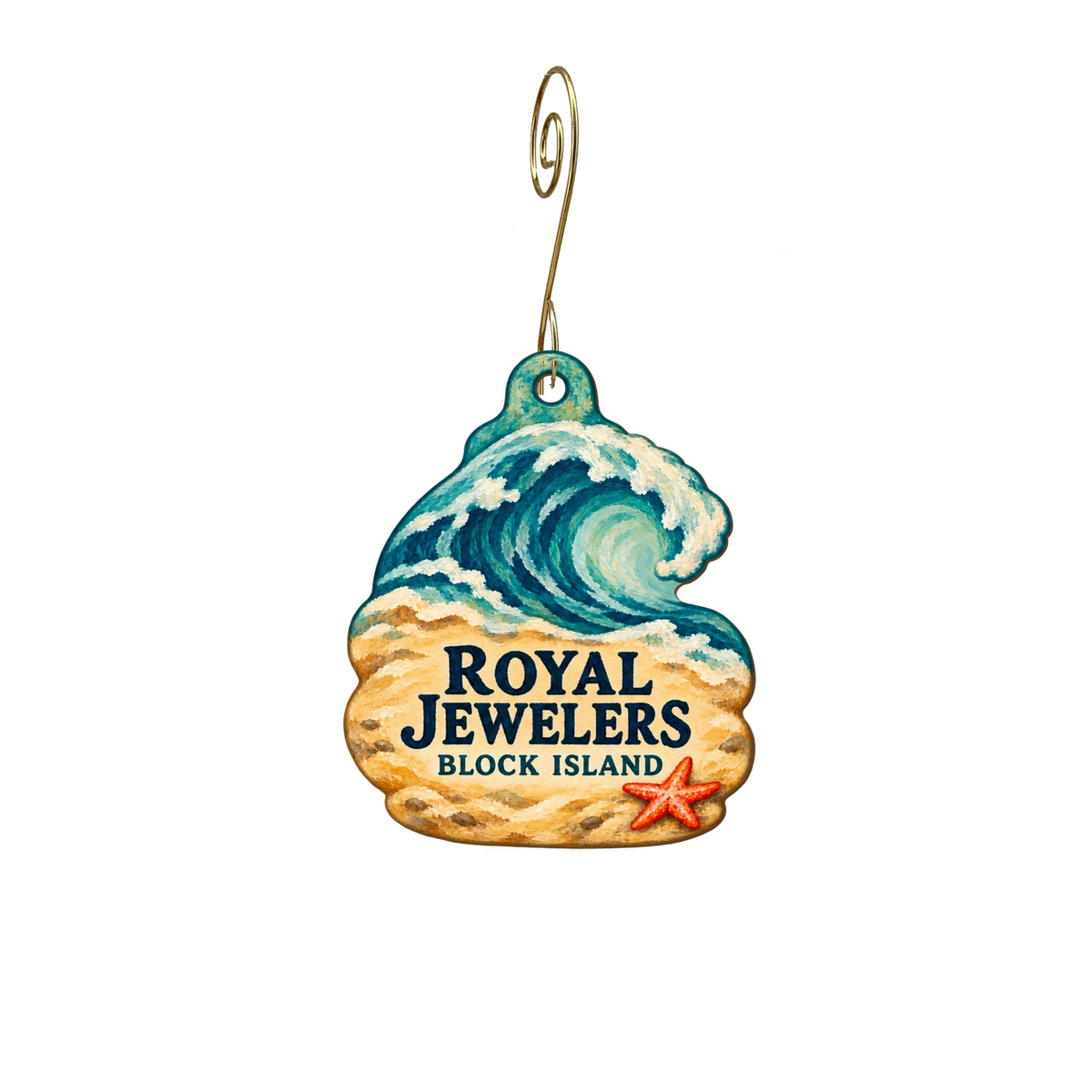Royal Jewelers — Store identity custom wood ornament OC2728, photographic gold spiral hook
