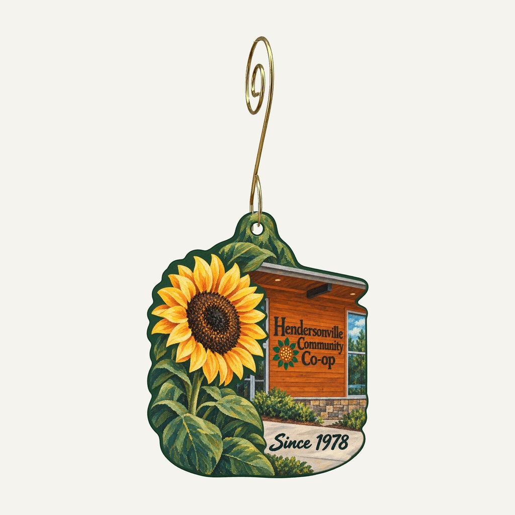 Hendersonville Community Co-op Logo custom wood ornament OC272 hanging on hook