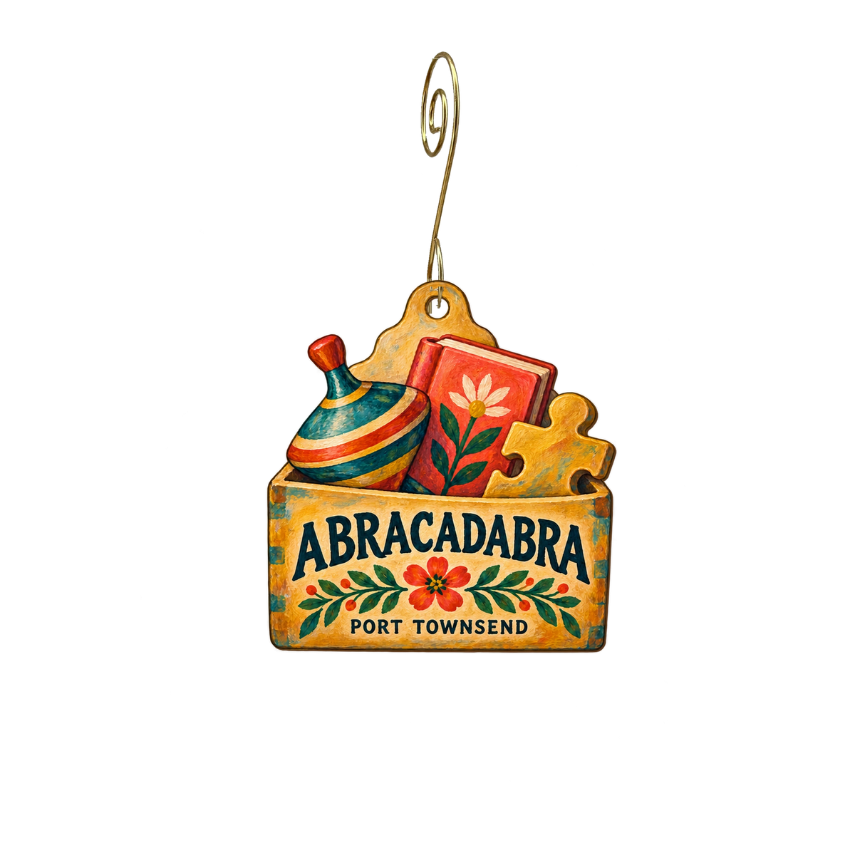 Abracadabra — Store identity custom wood ornament OC2731, photographic gold spiral hook