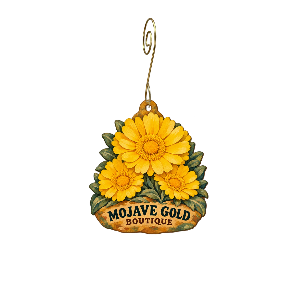 Mojave Gold Boutique — Store identity custom wood ornament OC2743, photographic gold spiral hook