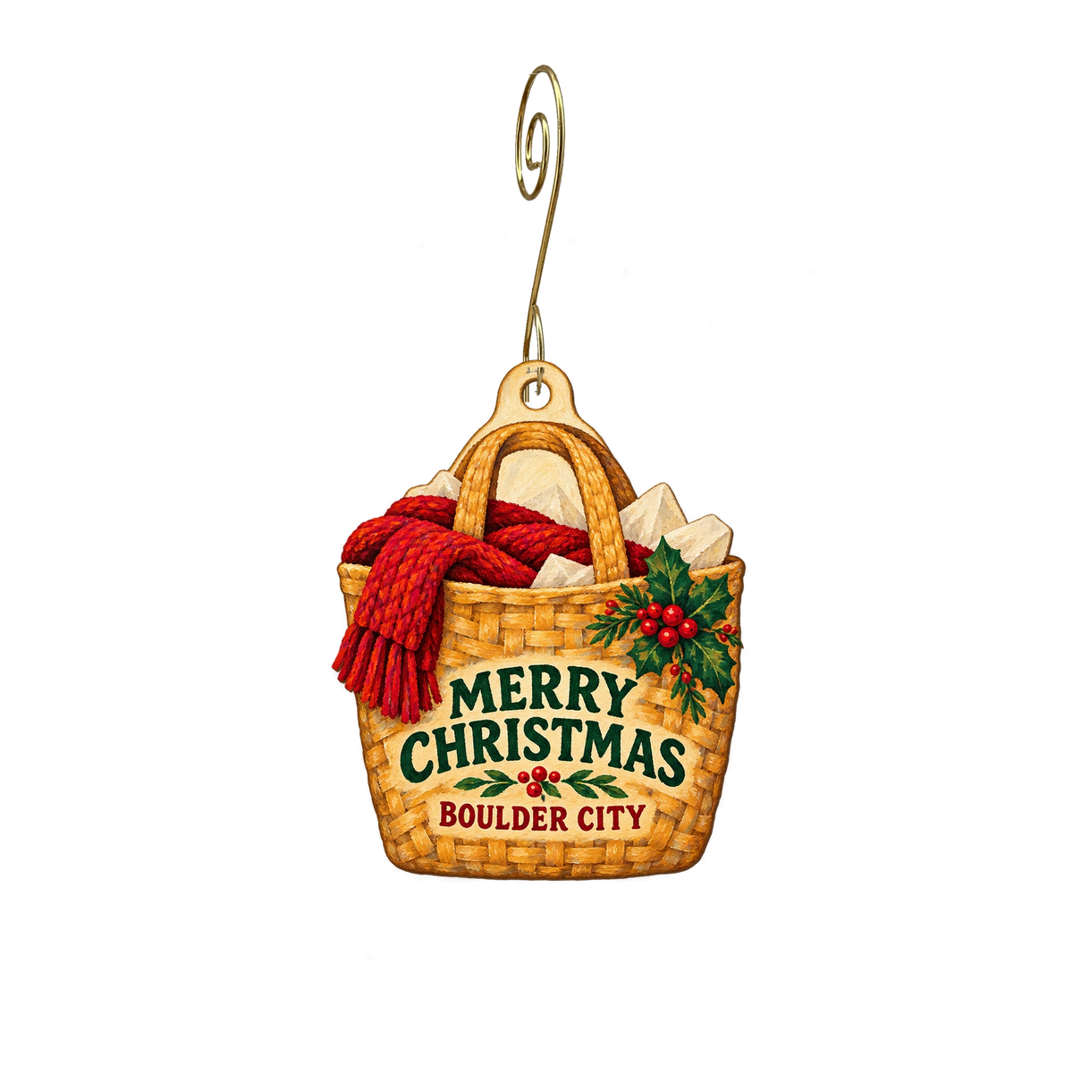 Mojave Gold Boutique — Christmas custom wood ornament OC2744, photographic gold spiral hook