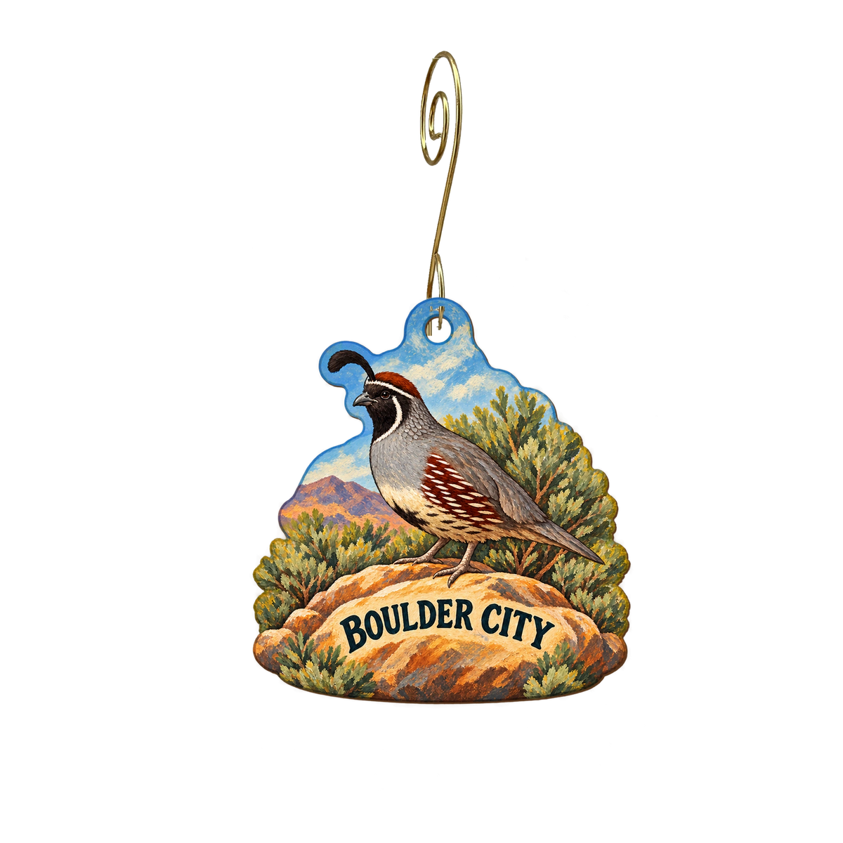 Mojave Gold Boutique — Local inspiration custom wood ornament OC2745, photographic gold spiral hook