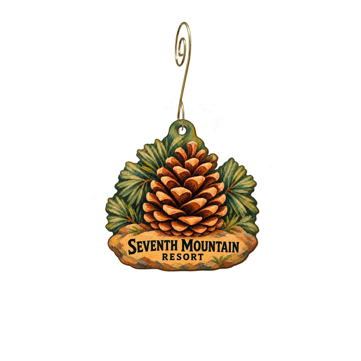 Seventh Mountain Resort — Store identity custom wood ornament OC2746, photographic gold spiral hook