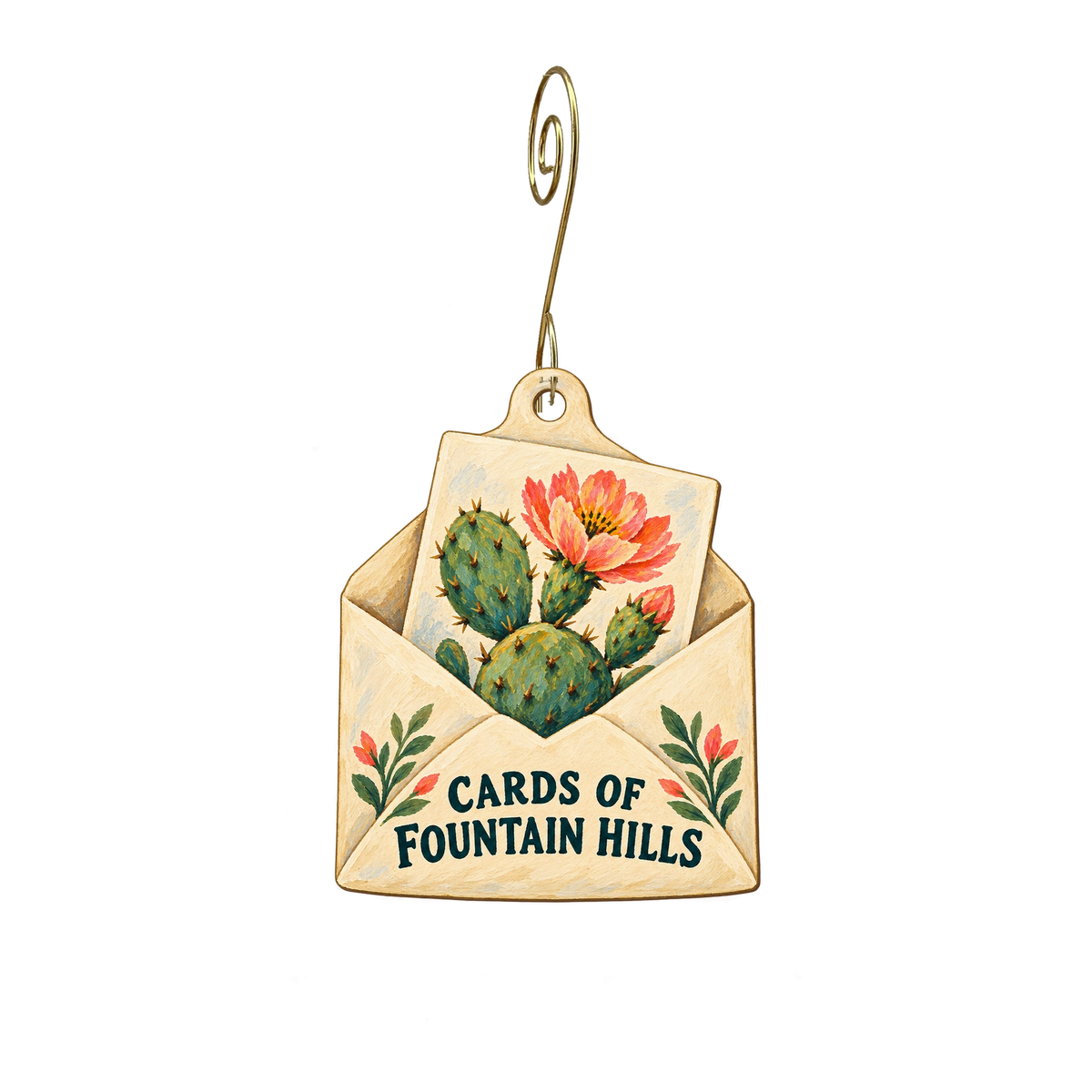 Cards of Fountain Hills — Store identity custom wood ornament OC2752, photographic gold spiral hook