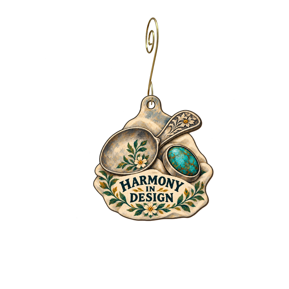 Harmony in Design — Store identity custom wood ornament OC2755, photographic gold spiral hook