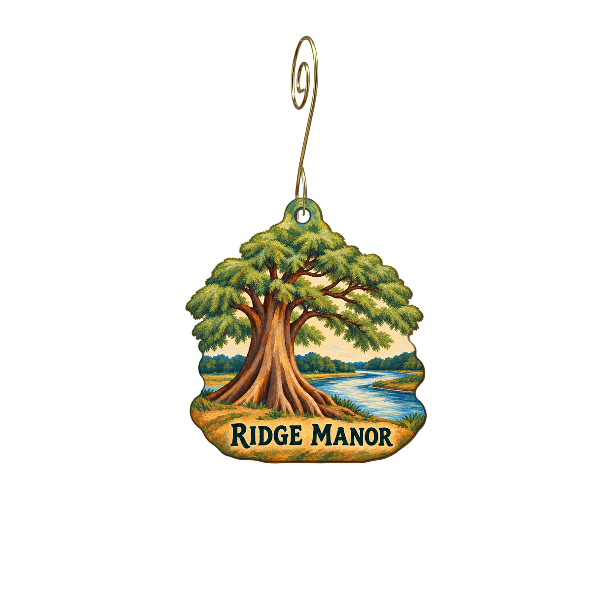 Harmony in Design — Local inspiration custom wood ornament OC2757, photographic gold spiral hook