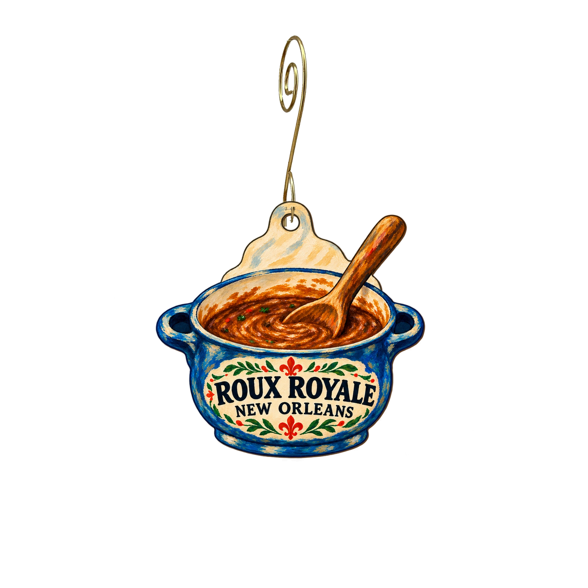 Roux Royale — Store identity custom wood ornament OC2758, photographic gold spiral hook