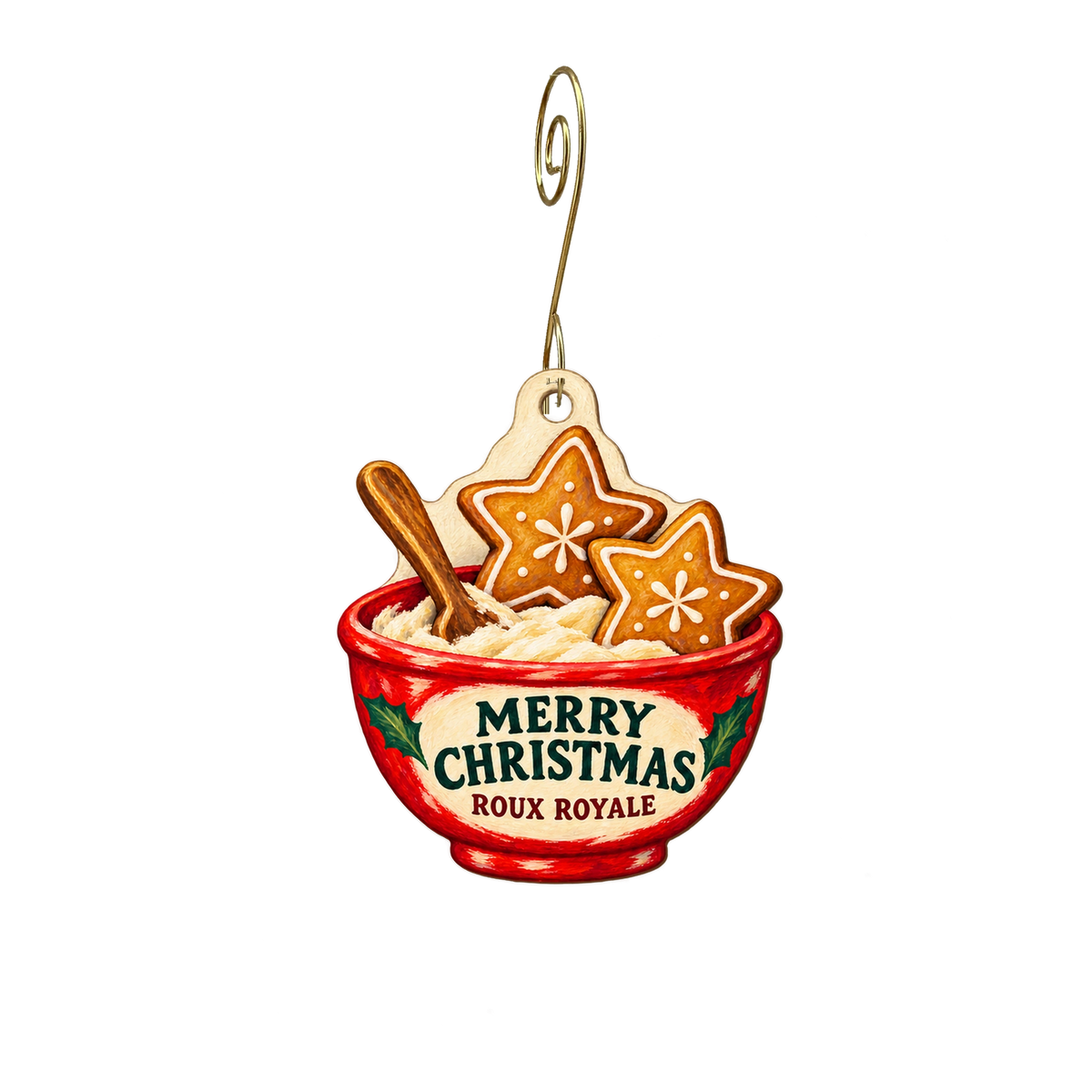 Roux Royale — Christmas custom wood ornament OC2759, photographic gold spiral hook