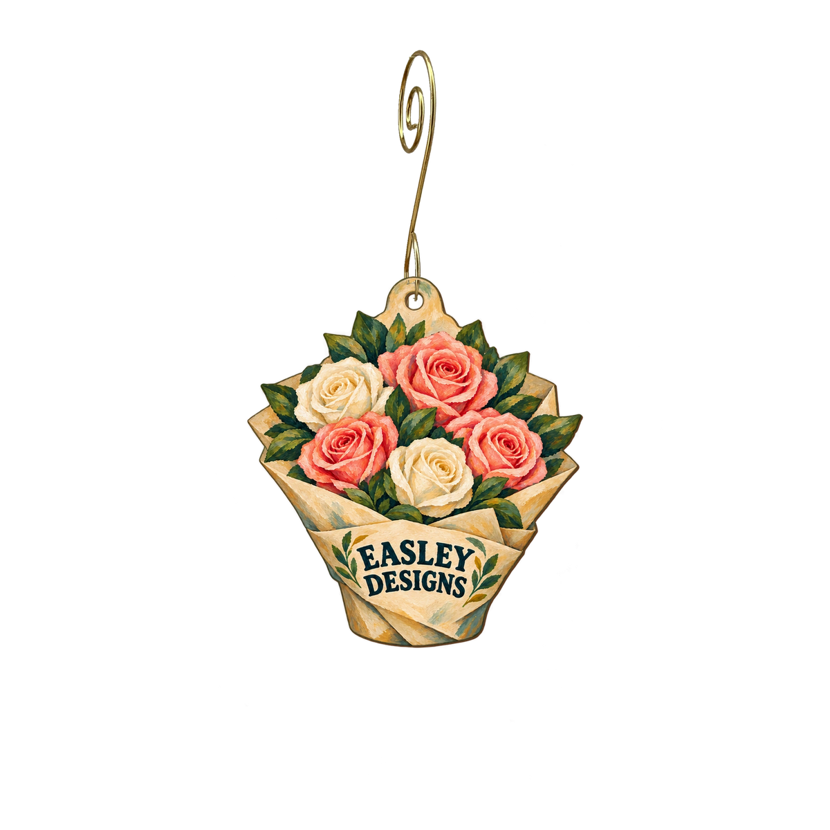 Easley Designs — Store identity custom wood ornament OC2761, photographic gold spiral hook