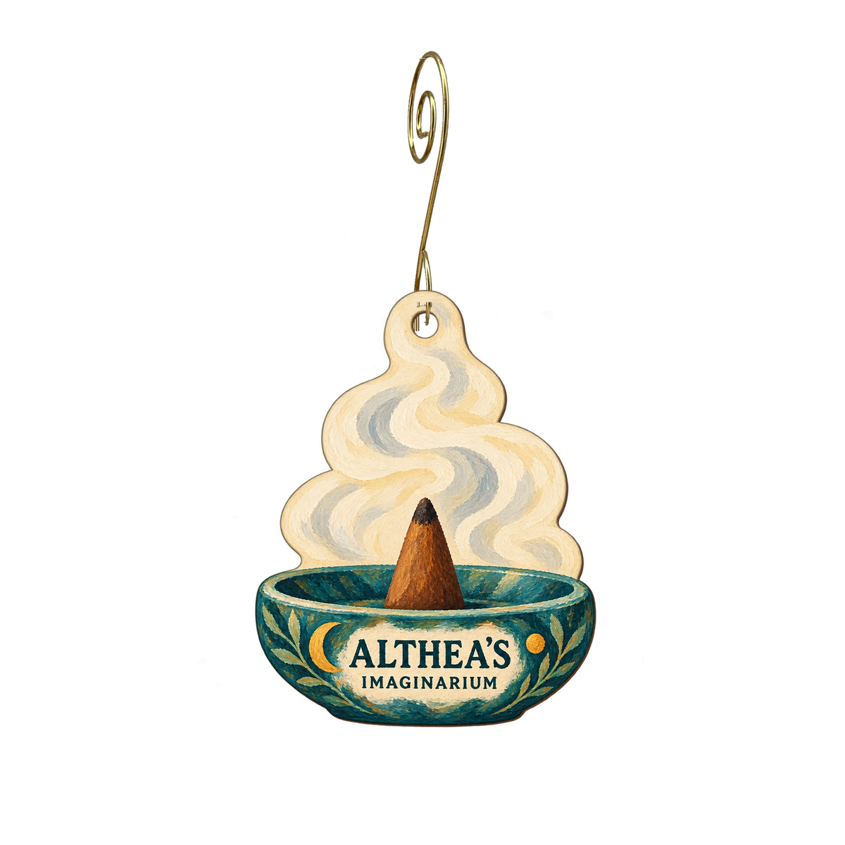 Althea's Imaginarium — Store identity custom wood ornament OC2764, photographic gold spiral hook