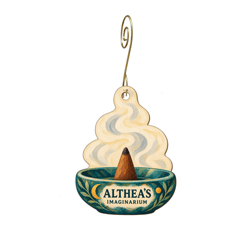 Althea's Imaginarium — Store identity custom wood ornament OC2764, photographic gold spiral hook