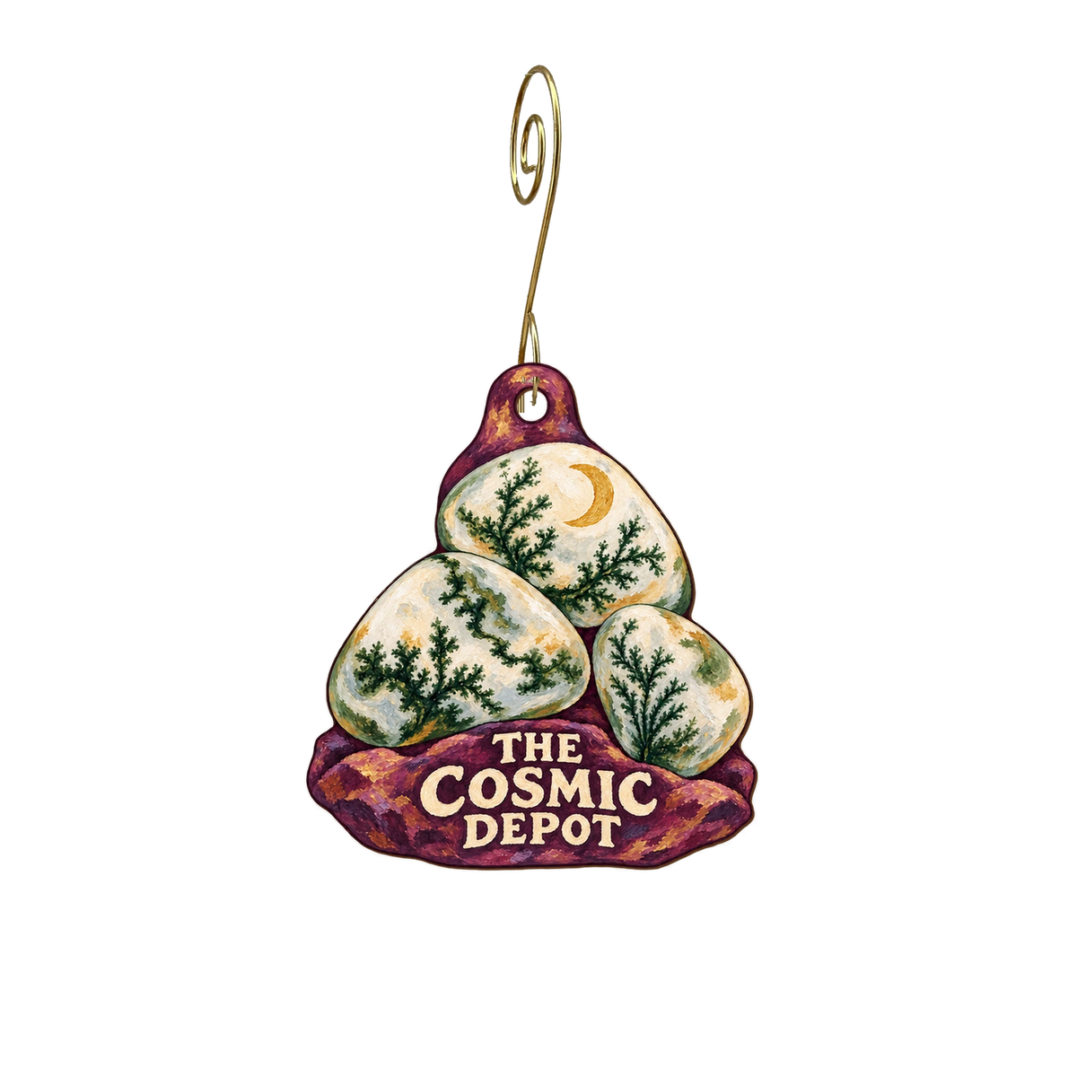 The Cosmic Depot — Store identity custom wood ornament OC2767, photographic gold spiral hook
