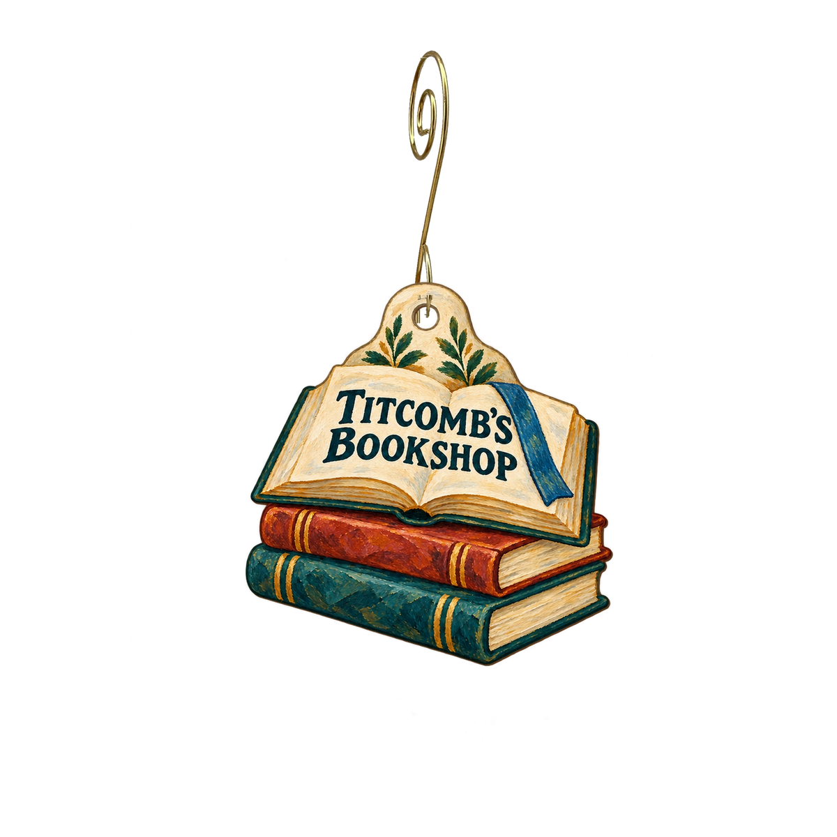 Titcomb's Bookshop — Store identity custom wood ornament OC2770, photographic gold spiral hook