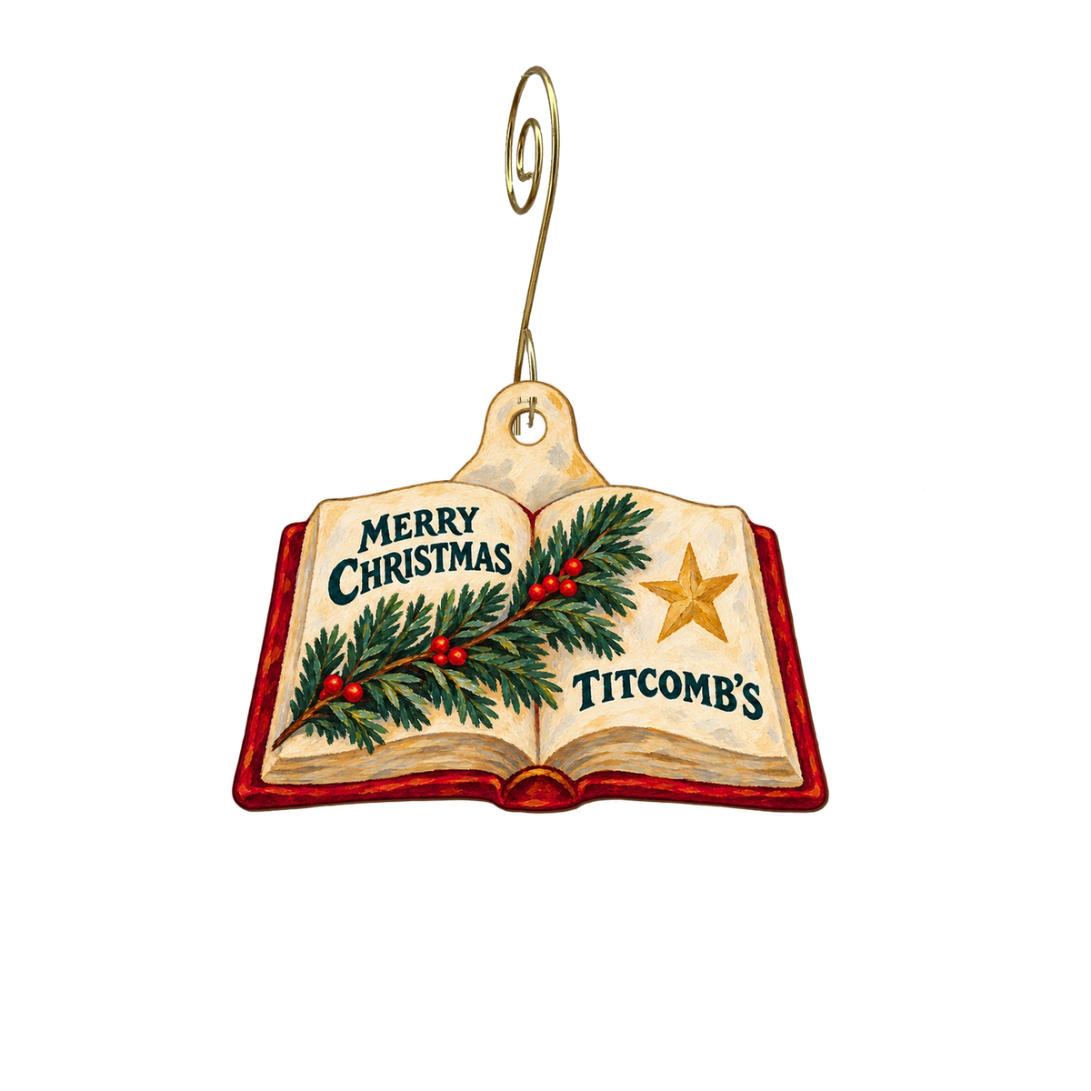 Titcomb's Bookshop — Christmas custom wood ornament OC2771, photographic gold spiral hook