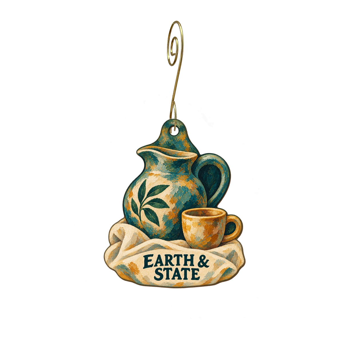 Earth & State — Store identity custom wood ornament OC2773, photographic gold spiral hook