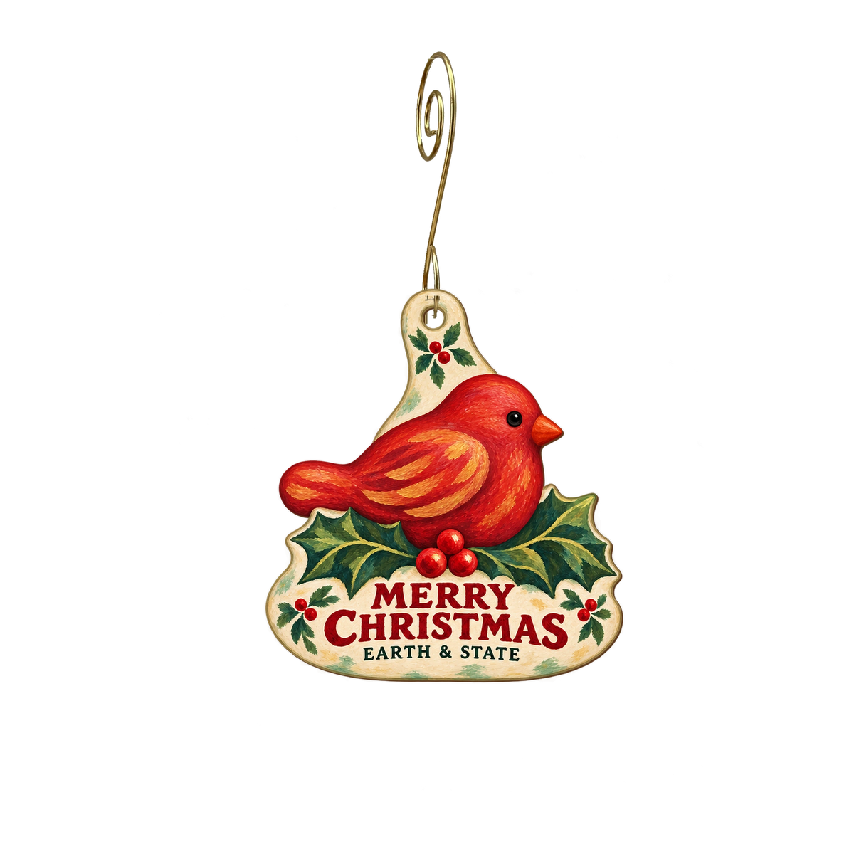 Earth & State — Christmas custom wood ornament OC2774, photographic gold spiral hook