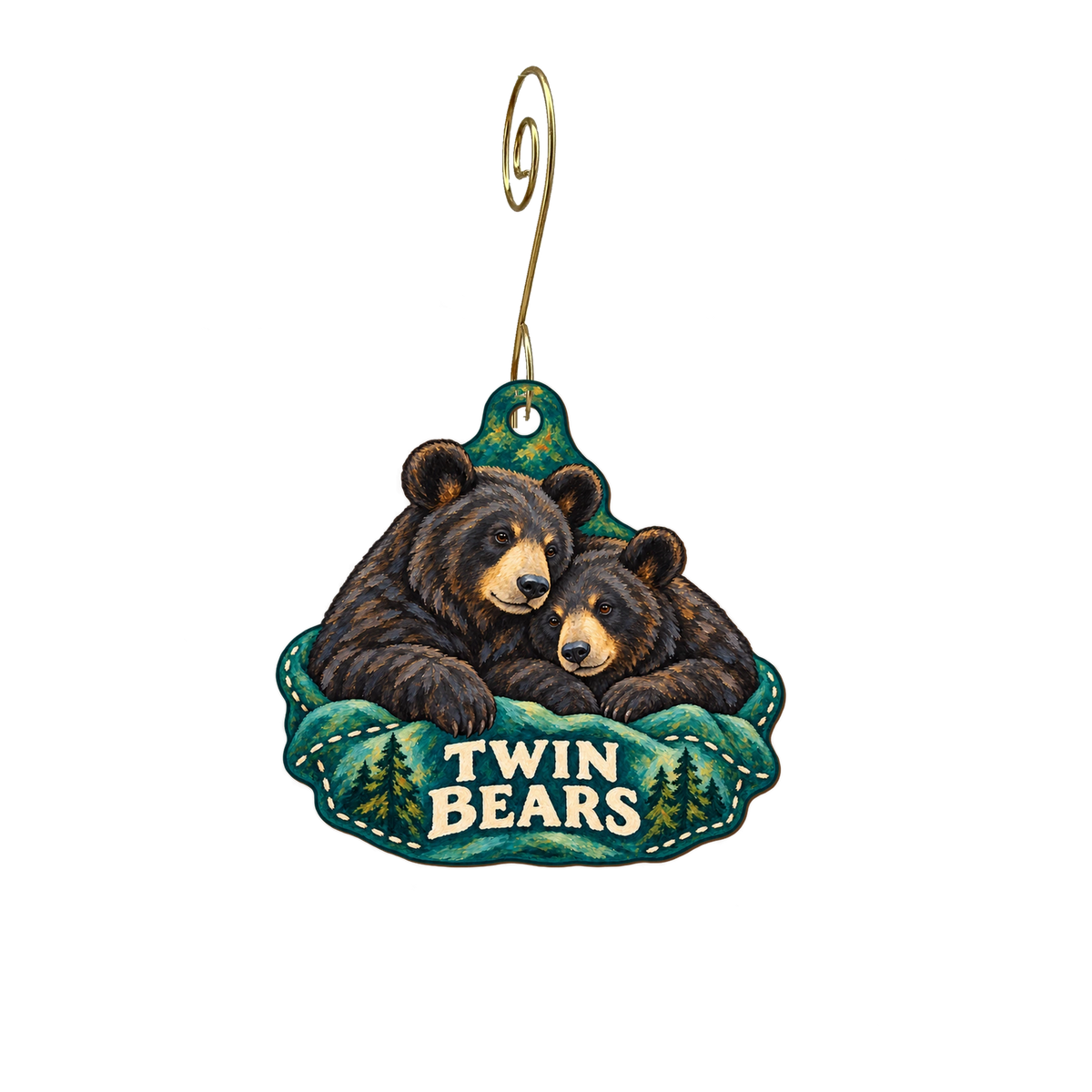 Twin Bears — Store identity custom wood ornament OC2776, photographic gold spiral hook