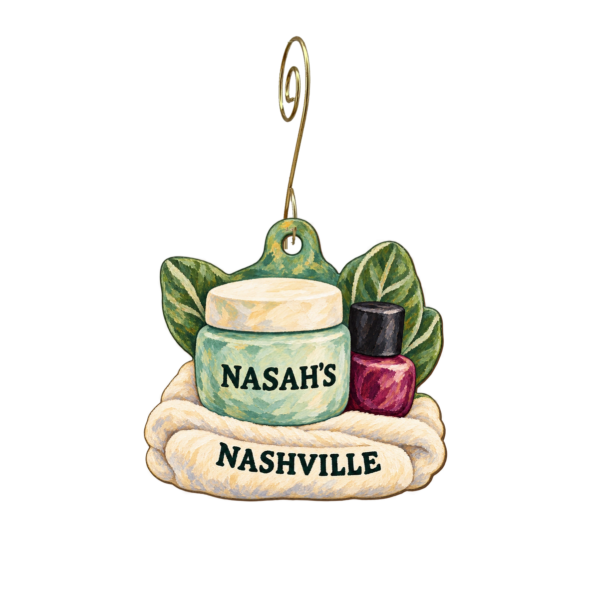 Nash Nails Mrg — Store identity custom wood ornament OC2779, photographic gold spiral hook
