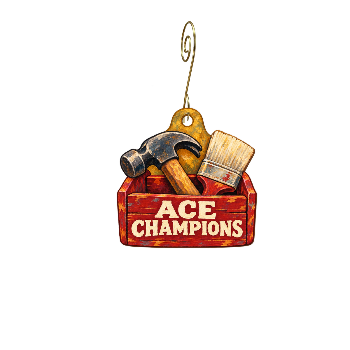 Ace Hardware of Champions — Store identity custom wood ornament OC2788, photographic gold spiral hook