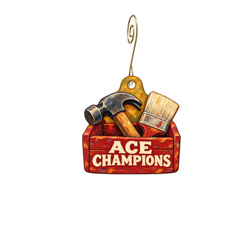 Ace Hardware of Champions — Store identity custom wood ornament OC2788, photographic gold spiral hook