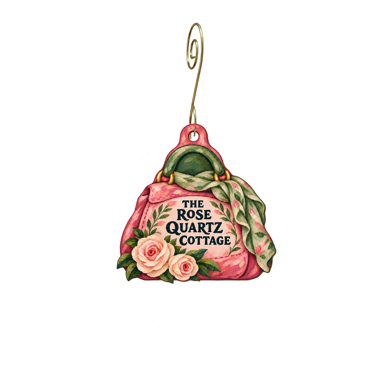 The Rose Quartz Cottage — Store identity custom wood ornament OC2791, photographic gold spiral hook