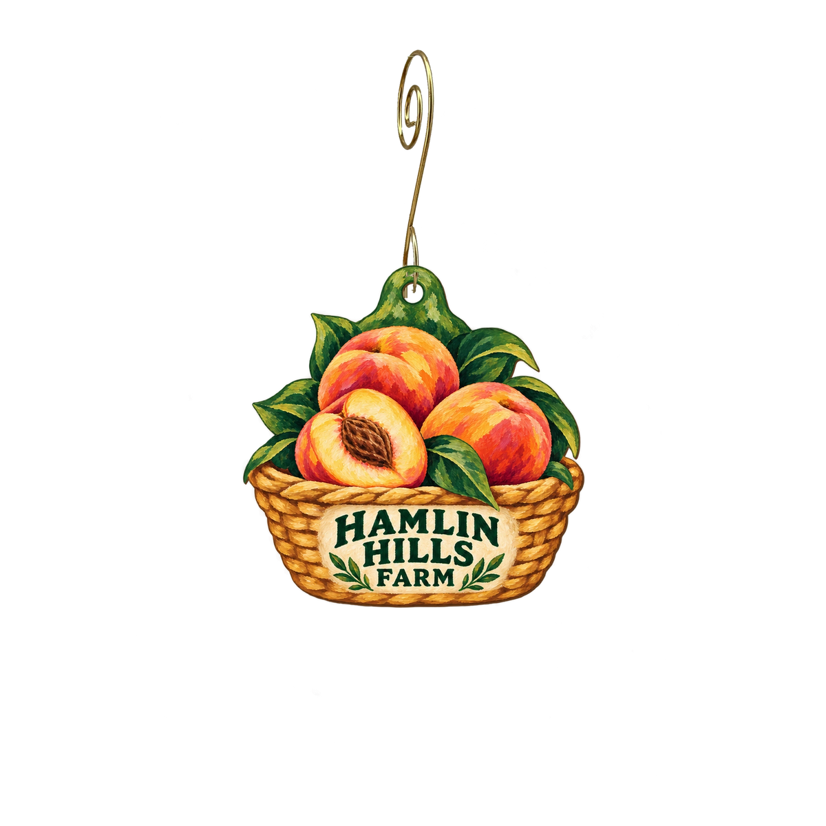 Hamlin Hills Farm — Store identity custom wood ornament OC2794, photographic gold spiral hook