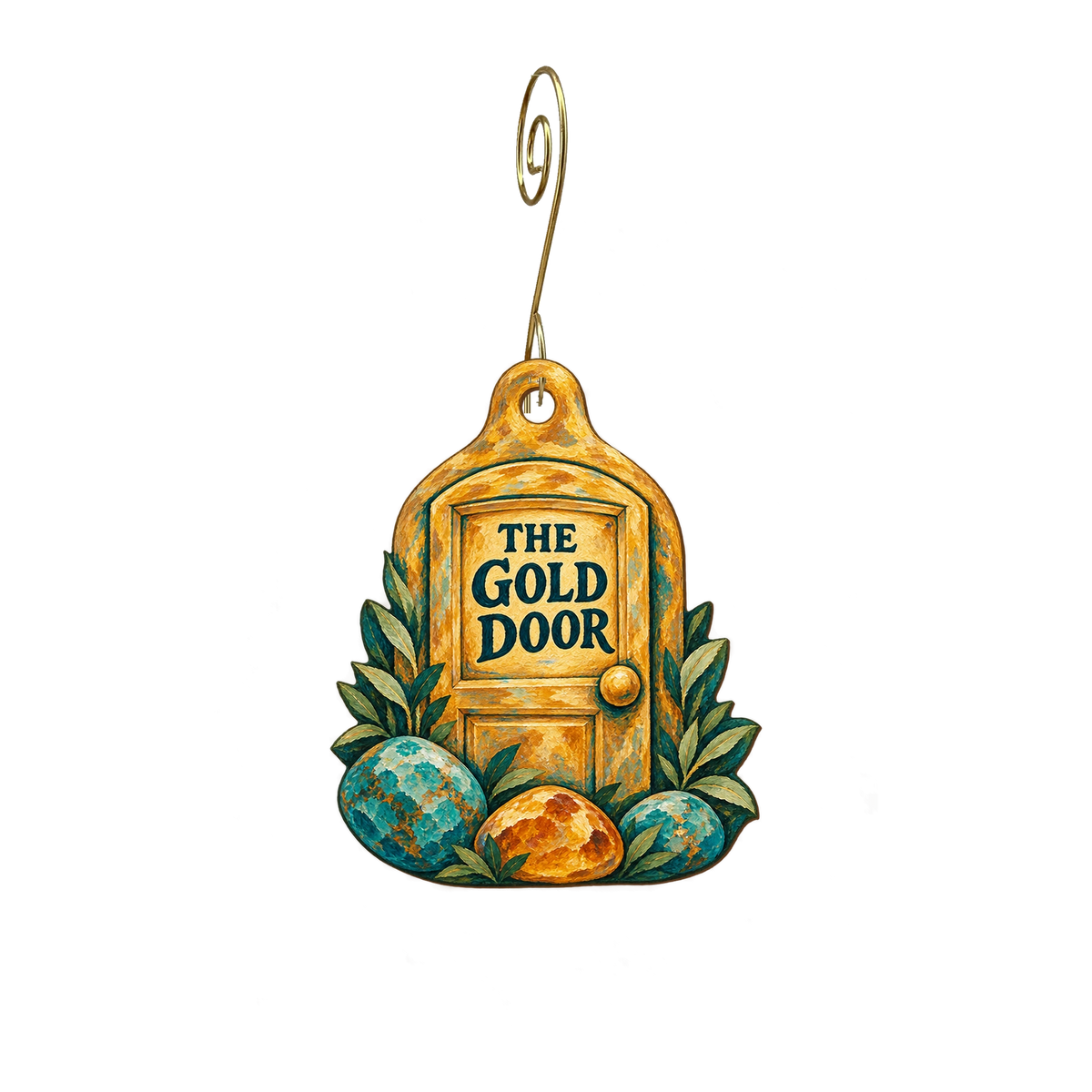 Gold Door — Store identity custom wood ornament OC2797, photographic gold spiral hook