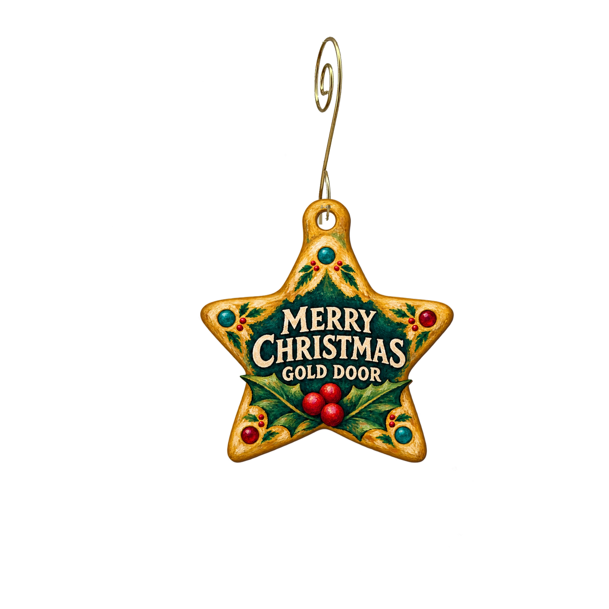 Gold Door — Christmas custom wood ornament OC2798, photographic gold spiral hook