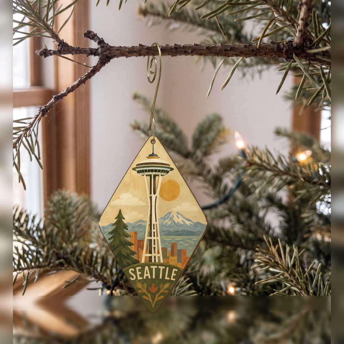 WA Seattle Naive Folk Painting Custom Wood Ornament (OC27)