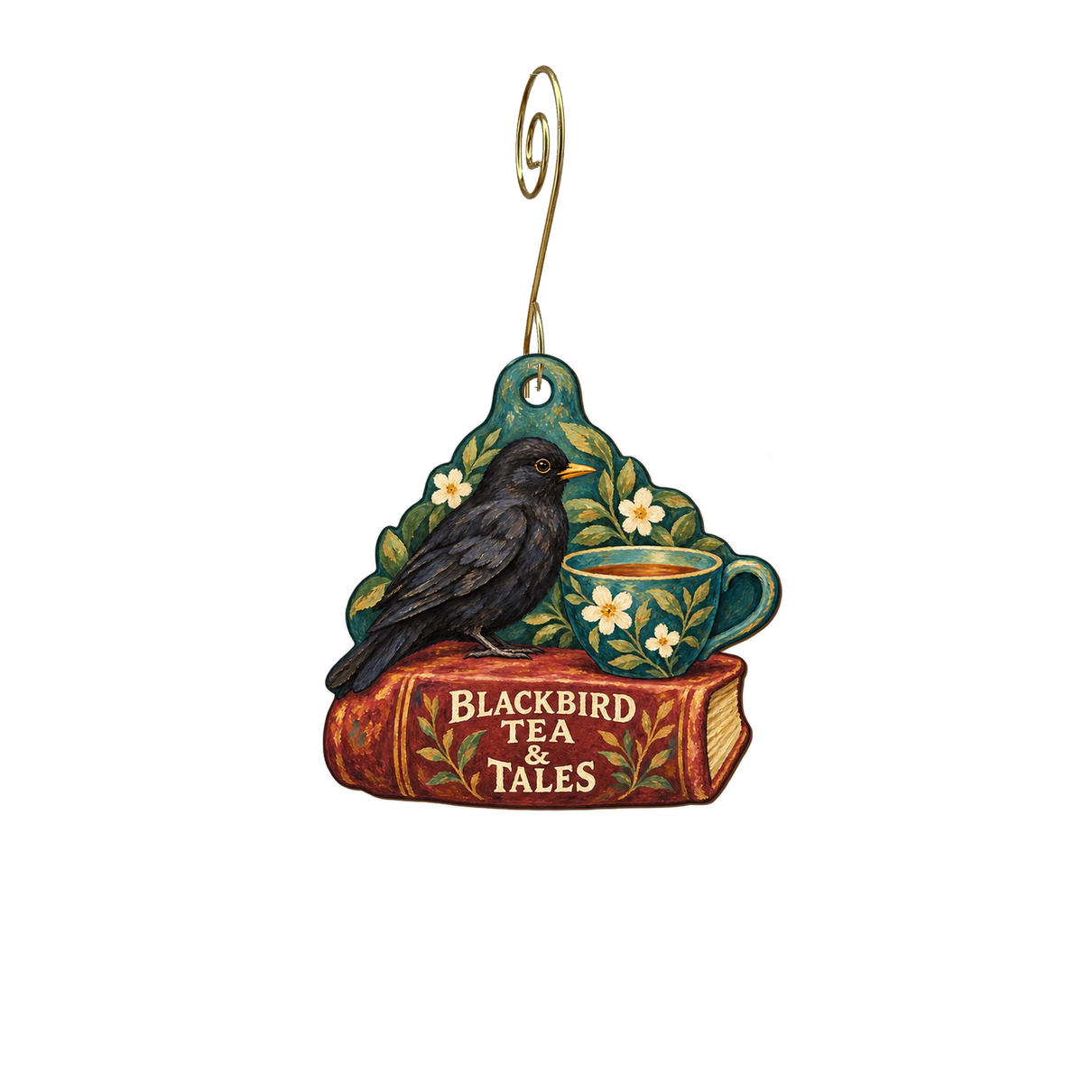 the bohemian peddler — Store identity custom wood ornament OC2800, photographic gold spiral hook