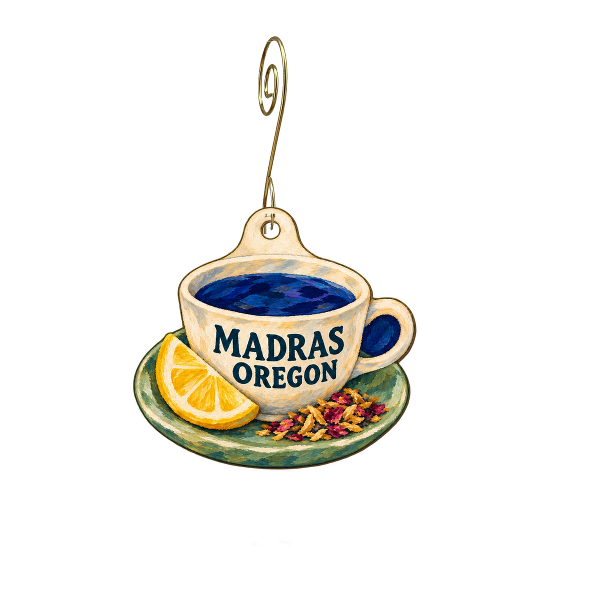 the bohemian peddler — Local inspiration custom wood ornament OC2802, photographic gold spiral hook