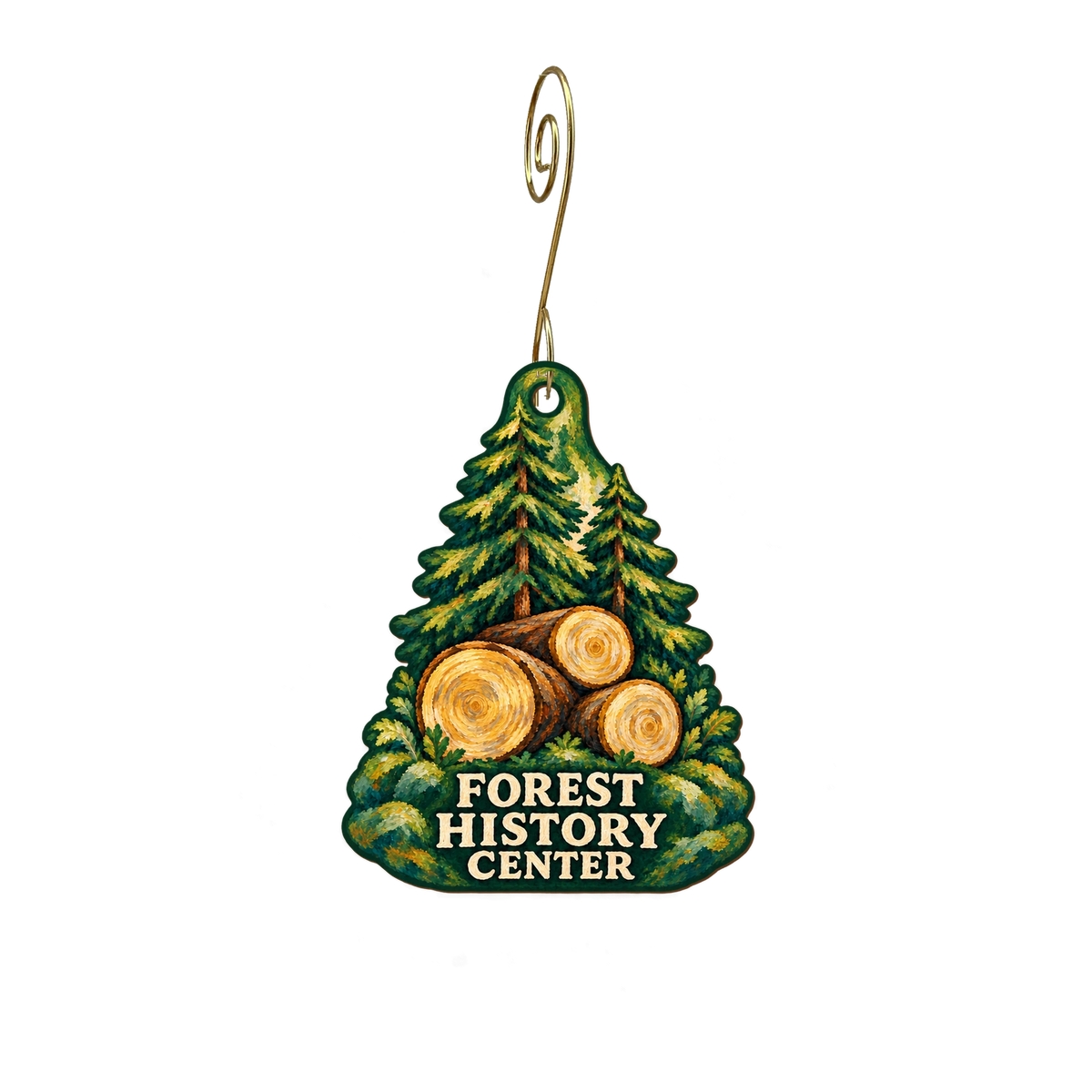 History Center Museum Store — Store identity custom wood ornament OC2803, photographic gold spiral hook