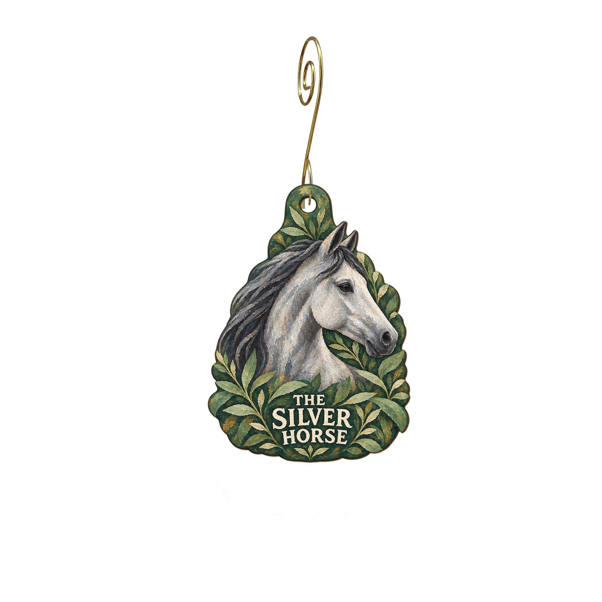 The Silver Horse — Store identity custom wood ornament OC2806, photographic gold spiral hook
