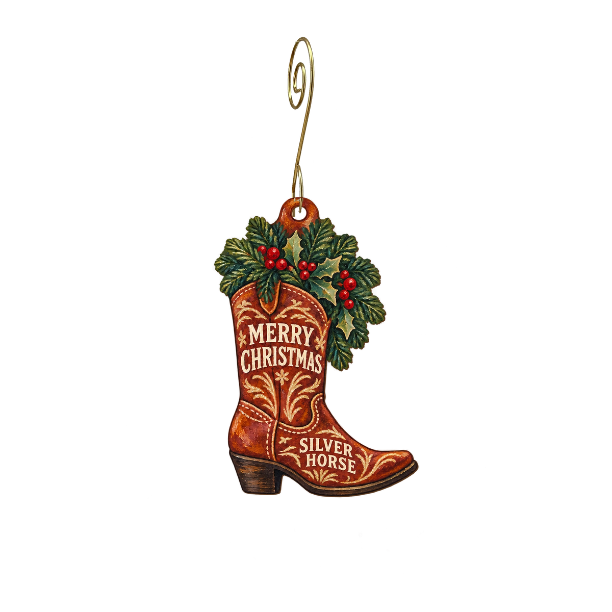 The Silver Horse — Christmas custom wood ornament OC2807, photographic gold spiral hook